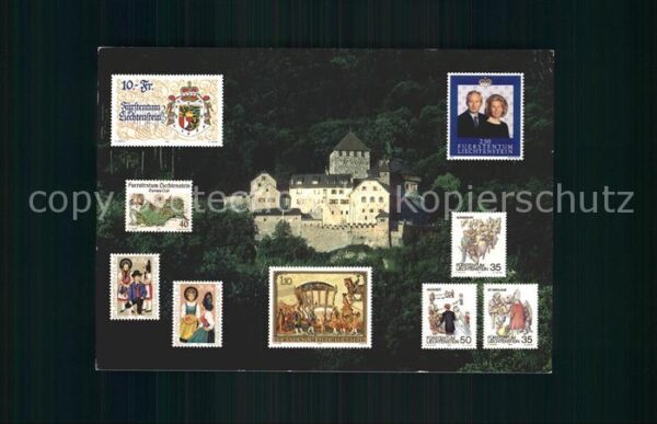 Briefmarken auf Postkarte Liechtenstein