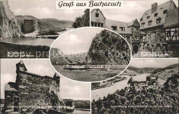 Bacharach Rhein Burgsee mit Rhein Burghof der Jugendbur