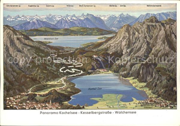 Kochel See Panoramakarte mit Kesselbergstrasse und