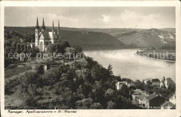 Remagen Apollinariskirche mit Blick ins Rheinta