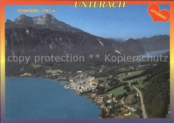 Unterach Attersee Panorama mit Schafberg und Mondsee Flie