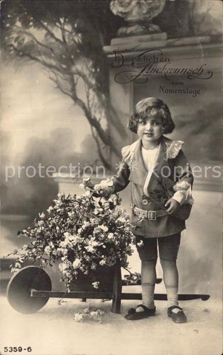 Namenstag Namenskarte Glückwunsch Kind Schubkarre Blumen