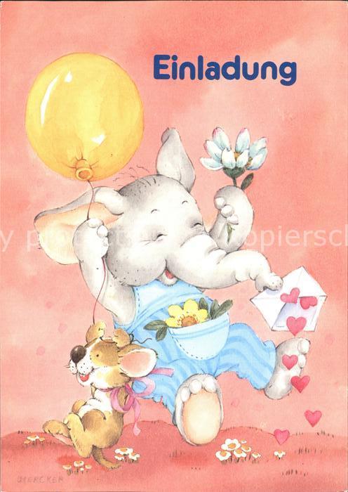 Einladung Elefant Hund Luftballon Blumen Herzen B