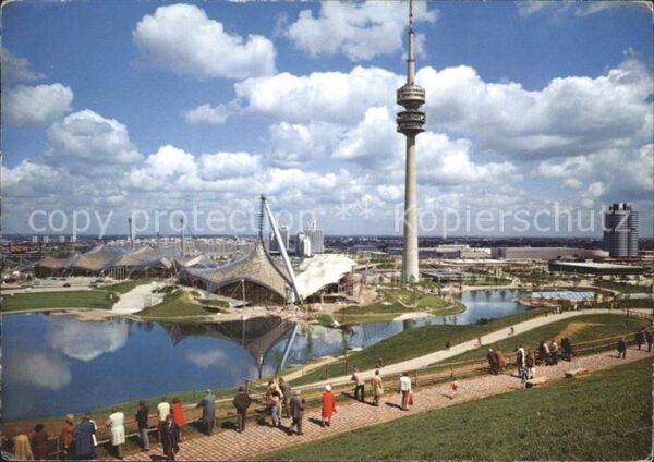 Muenchen Olympiaturm Sporthalle und Schwimmhalle