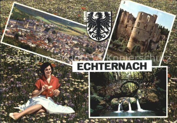 Echternach Totalansicht Burgruine Brücke Wasserfal