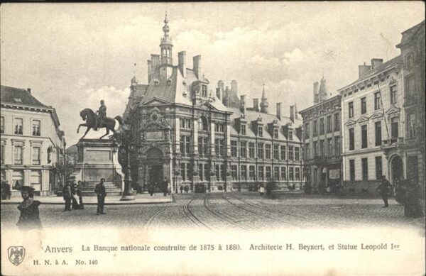 Anvers Antwerpen Banque nationale construite 1875 Statue