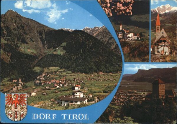 Dorf Tirol Panorama Kirche Turm Wappen