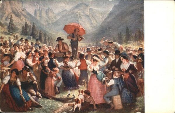 Kuenstlerkarte E. Rittmeyer Alpstubete Sol Geige Tanz