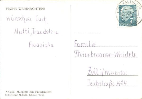 Spoetl Maria Kuenstlerkarte Nr. 375 Weihnachten Engel Kerze – Bild 2
