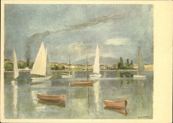 Kuenstlerkarte Eugene Martin Geneve Segelschiffe