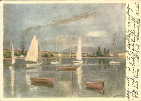 Kuenstlerkarte Eugene Martin Geneve Segelschiffe