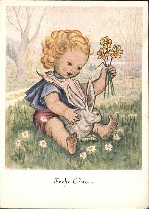 Hasen Ostern Kind Blumen Künstlerkarte Arnulf