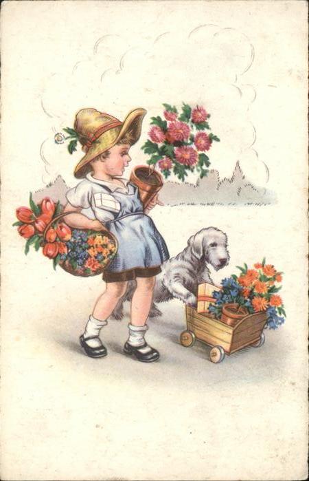 Hunde Kind Blumen Tulpen