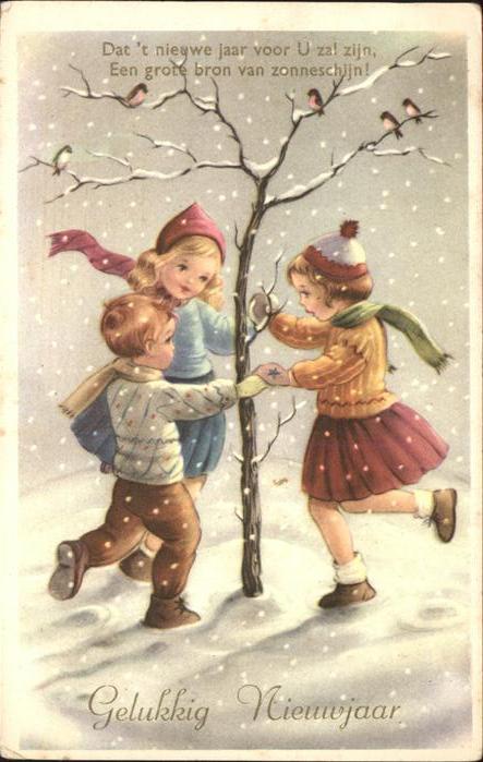 Neujahr Kinder Tanz Baum Schnee Vögel