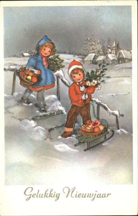 Schlitten Schnee Neujahr Kinder Obstkorb