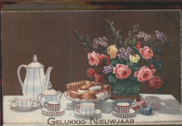 Neujahr Teekanne Tassen Rosen Kuchen