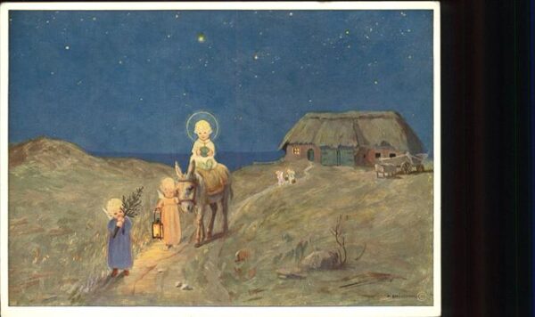 Engel Esel Christkind Laterne Sternenhimmel
