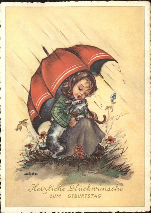 Kuenstlerkarte Hilde Geburtstag Kind Hund Regenschirm