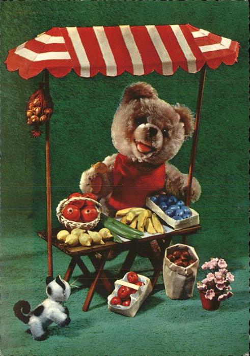 Teddy Teddybaer Teddy-bear Obststand Katze Bananen Pflaumen Zitron