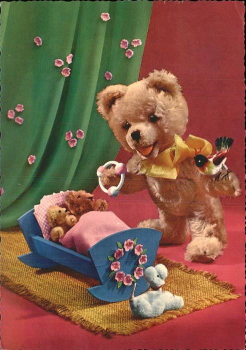 Teddy Teddybaer Teddy-bear Kinderwiege Rassel Vogel Hund