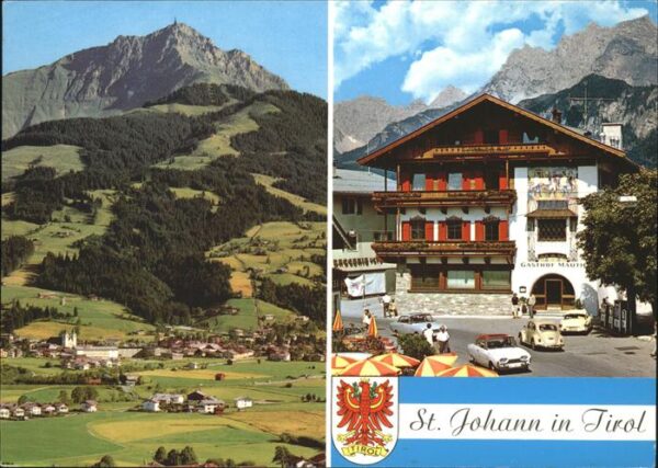 St Johann Tirol Panorama Gasthof Fassadenmalerei Wappen