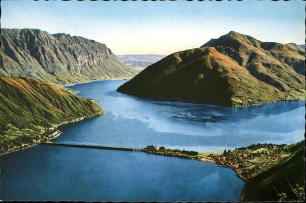 Lago di Lugano TI Ponte die Melide Fliegeraufnahme