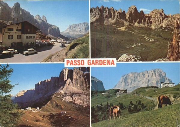 Passo di Gardena mit Berghaus Frara und Alpenpanorama