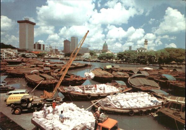Singapore Scene of sampans bumboats river banks