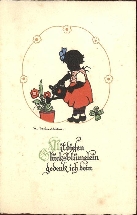 Scherenschnitt Schattenbildkarte Kind Gießkanne Blumen