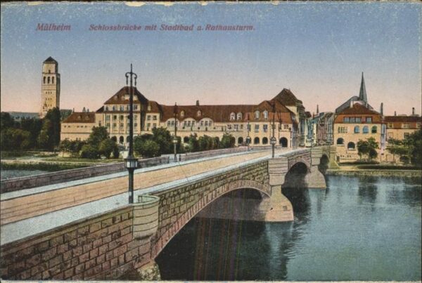 Muelheim Ruhr Schlossbrücke mit Stadtbad u.Rathaustur