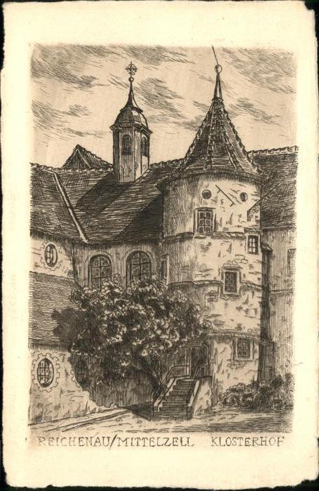 Mittelzell Klosterhof Künstlerkarte Radierung Hand