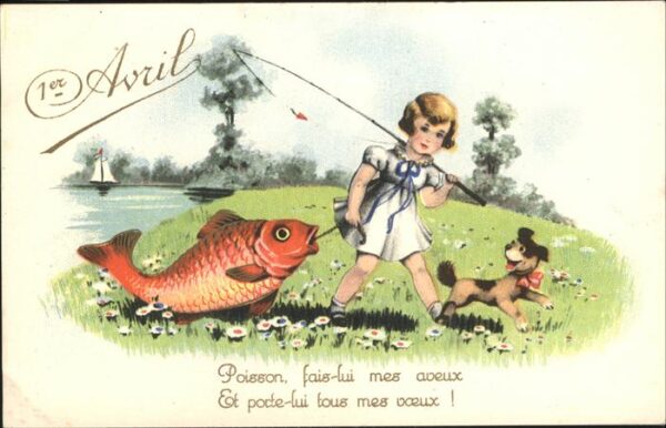 Monatskarte April Avril Fisch Hund Kind Angelrute