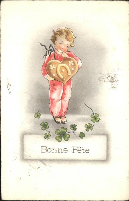 Glueckwunsch Bonne Fete Kind Hufeisen Herz Kleeblatt