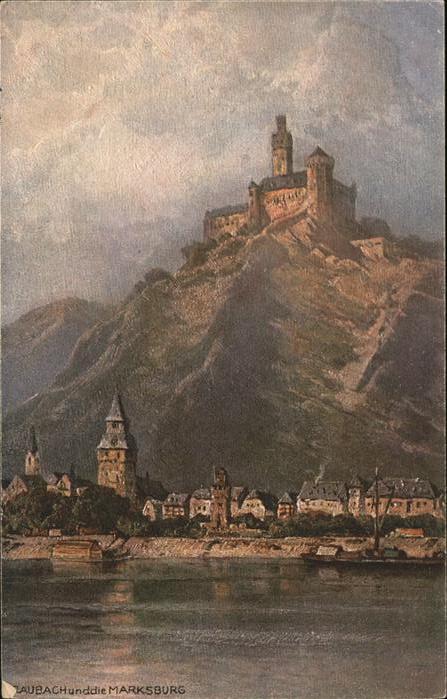 Braubach Rhein Panorama mit Marksburg Künstlerkarte