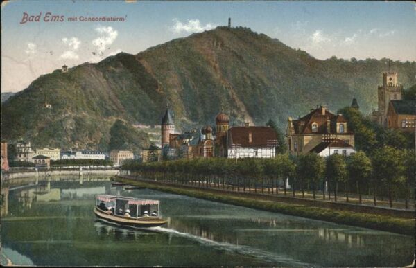 Bad Ems Flusspanorama mit Concordiaturm Schiff