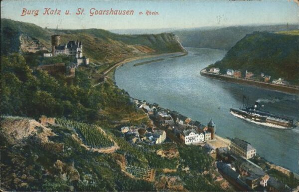 St Goarshausen Rheinpanorama mit Burg Katz Schiffe