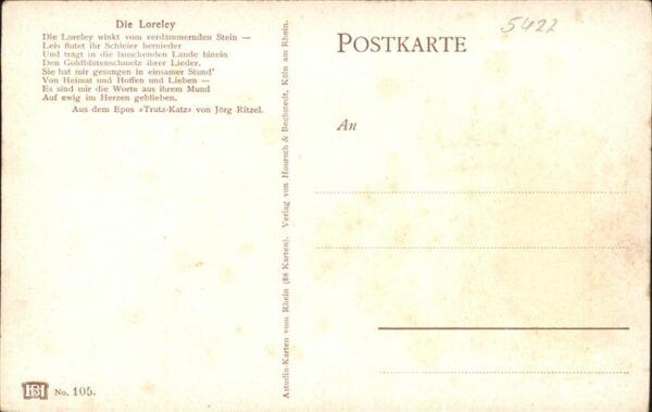 Loreley Lorelei Künstlerkarte Felsen Rhein Schiff – Bild 2