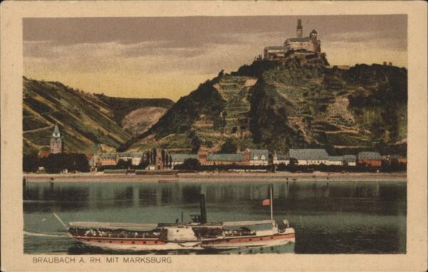 Braubach Rhein Rheinpanorama mit Marksburg Schiff