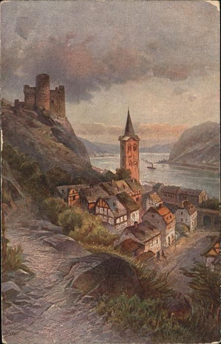 St Goarshausen Burg Maus Künstlerkarte Rheinpanorama