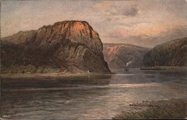 Loreley Lorelei Rheinpanorama mit Felsen Schiff Künstle