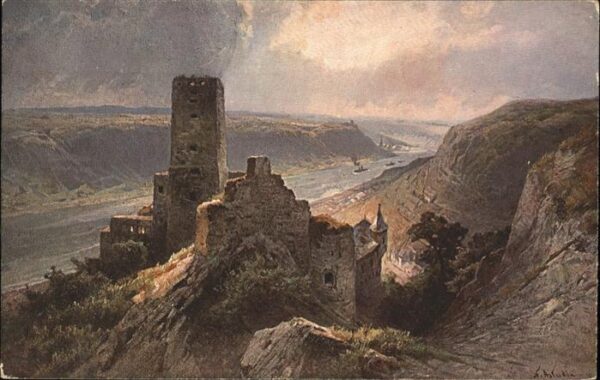 Kaub Rheinpanorama mit Burg Gutenfels Künstl