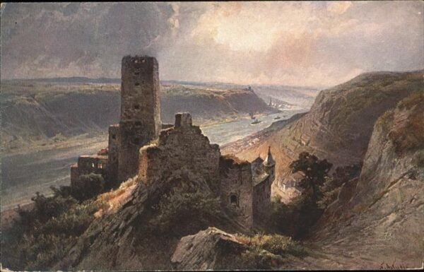 Kaub Rheinpanorama mit Burg Gutenfels Künstl