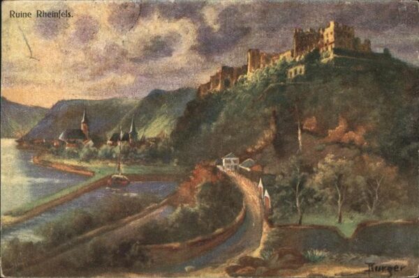 St Goar Rheinpanorama mit Ruine Rheinfels Künst
