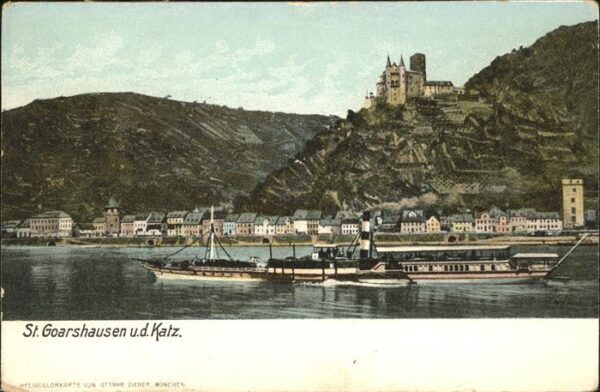 St Goarshausen Rheinpanorama mit Katz Schiffe