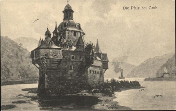 Kaub Rheinpanorama mit Pfalz Künstlerkarte