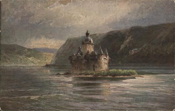Kaub Rheinpanorama mit Pfalz Künstlerkarte
