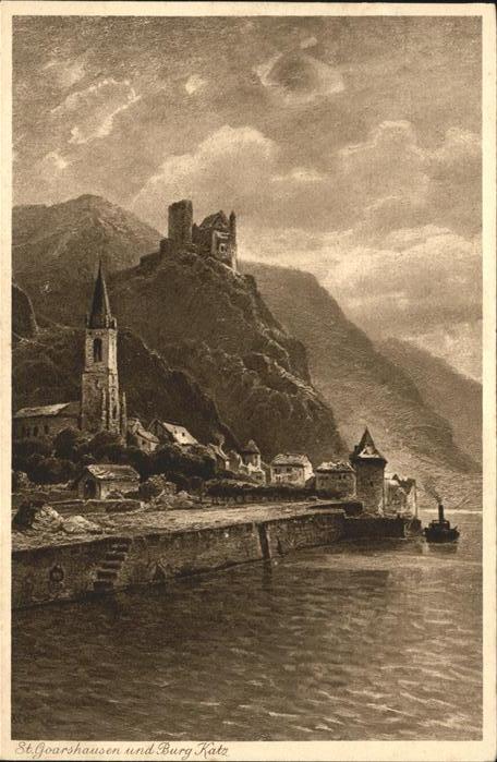 St Goarshausen Rheinpanorama mit Burg Katz Künstlerkar