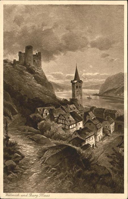Wellmich Rheinpanorama mit Burg Maus Künstlerkar