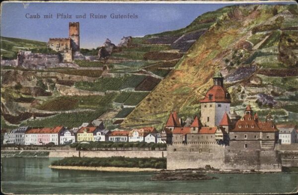 Kaub Rheinpanorama mit Pfalz und Ruine Guten