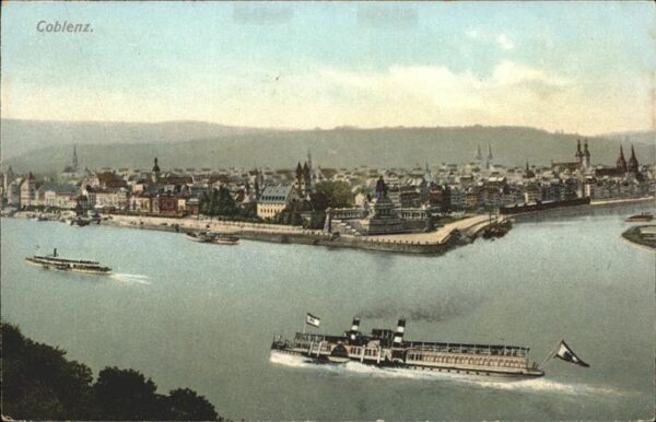 Koblenz Rhein Rheinpanorama mit Deutsches Eck Schiffe